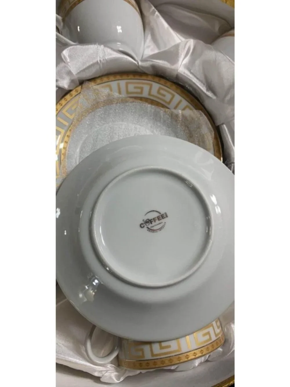 12 Pc Greek Key Fine Porcelain Coffee Set 6 Cups & Saucers Gold Trim Versace Sty